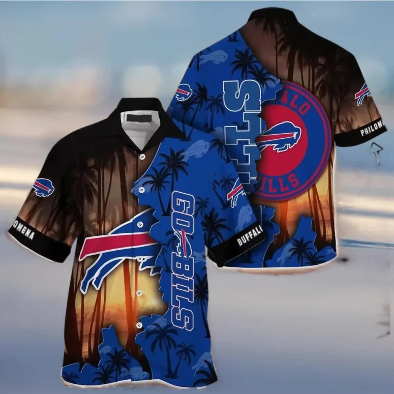 Buffalo Bills Logo and Sunset Palms Hawaiian Shirt