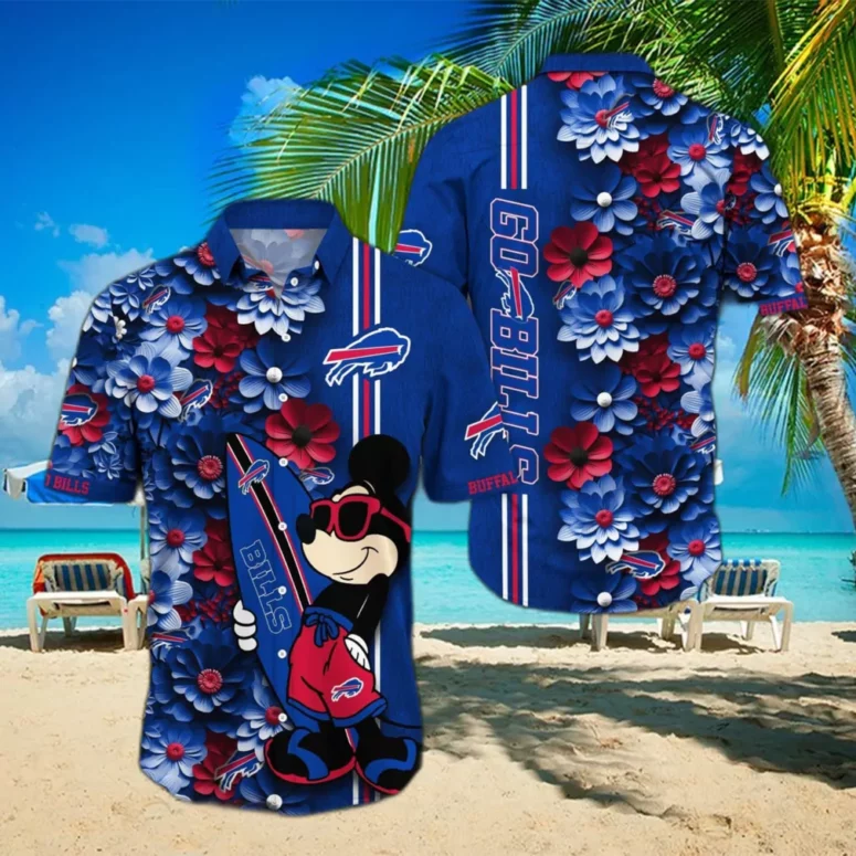 Buffalo Bills Surfing Mickey Floral Blue Hawaiian Shirt