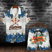 Houston Astros Blue Hibiscus Floral Hawaiian Shirt Front With Short - TeeAloha