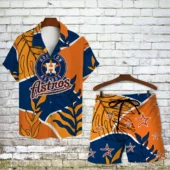 Houston Astros Bold Leaves Hawaiian Shirt Front With Short - TeeAloha