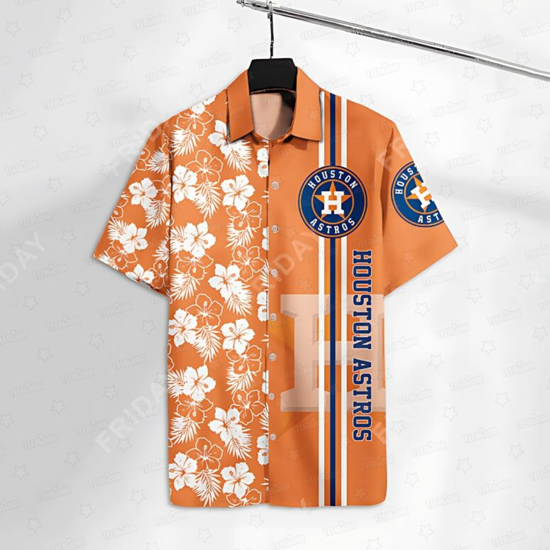 Houston Astros Orange Hibiscus Stripe Hawaiian Shirt