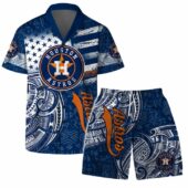 Houston Astros Palm Sunset Hawaiian Shirt Front With Short - TeeAloha