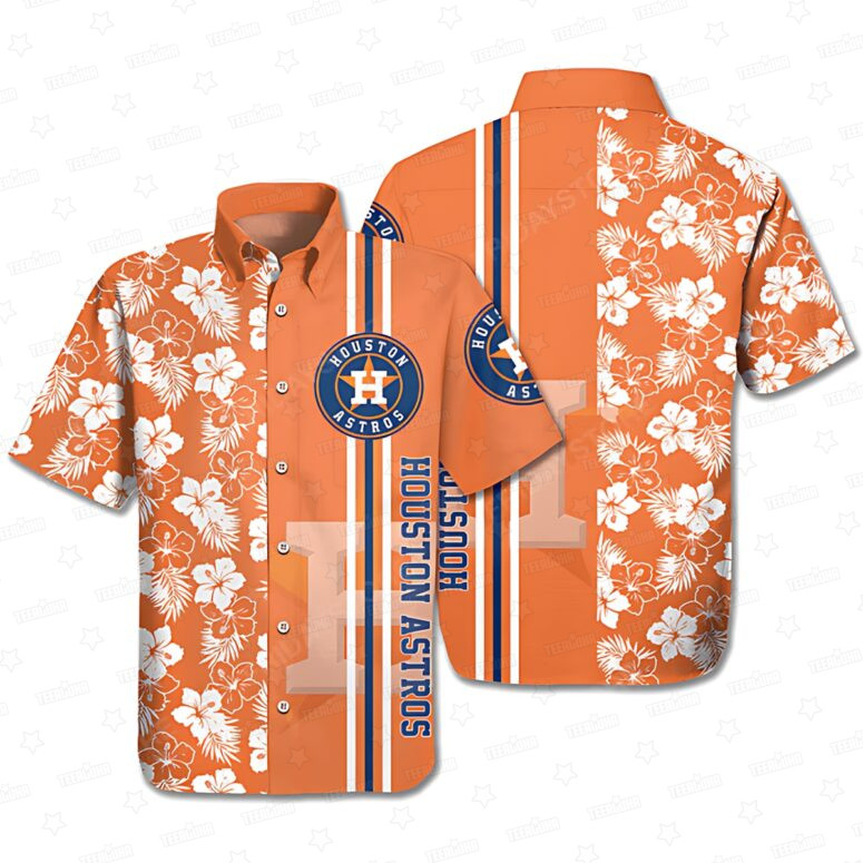 Houston Astros Orange Hibiscus Stripe Hawaiian Shirt