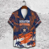 Houston Astros Tropical Sunset Blue And Orange Hawaiian Shirt Front - TeeAloha