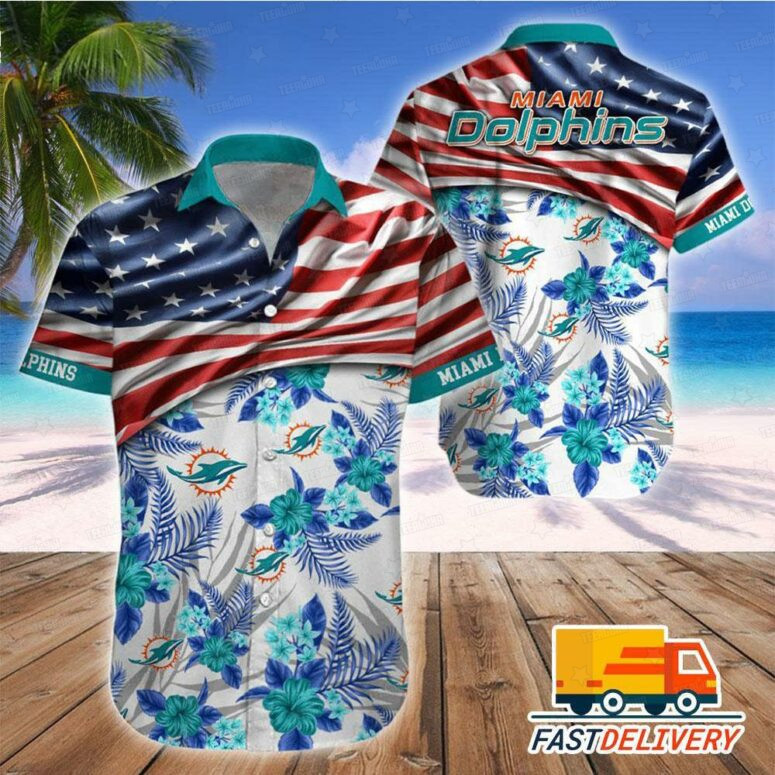 Miami Dolphins Stars and Stripes Floral Hawaiian Shirt