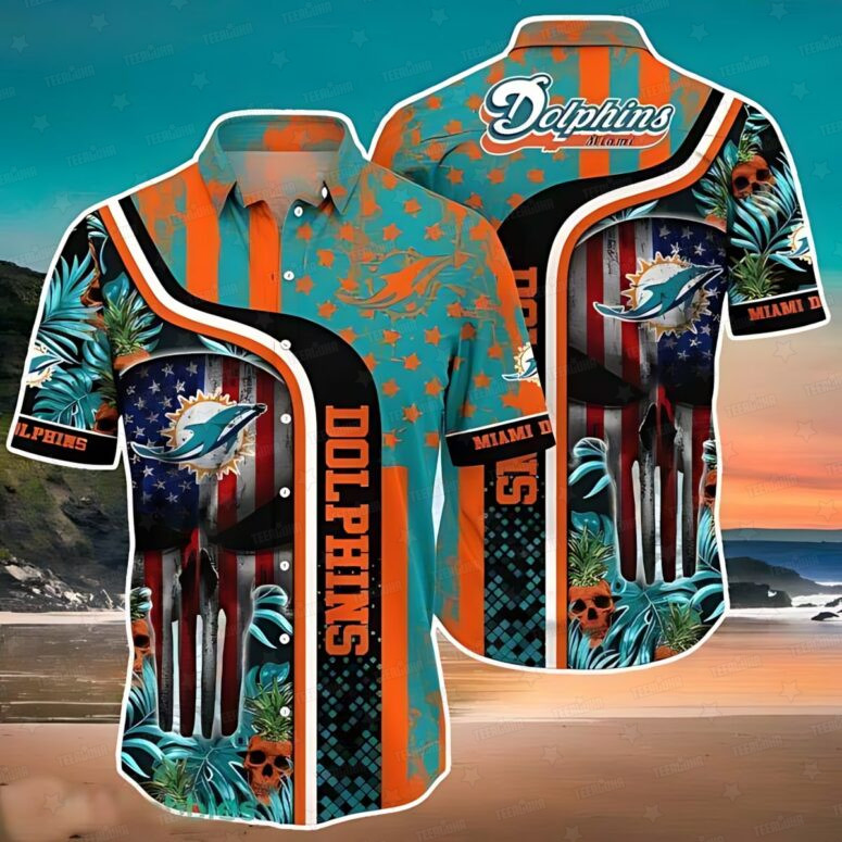 Miami Dolphins Stars and Stripes Skull Hawaiian Shirt