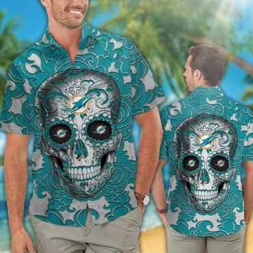 Miami Dolphins Sugar Skull Blue Hawaiian Shirt