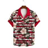 Cincinnati Reds Floral Stripes Hawaiian Shirt Front - TeeAloha