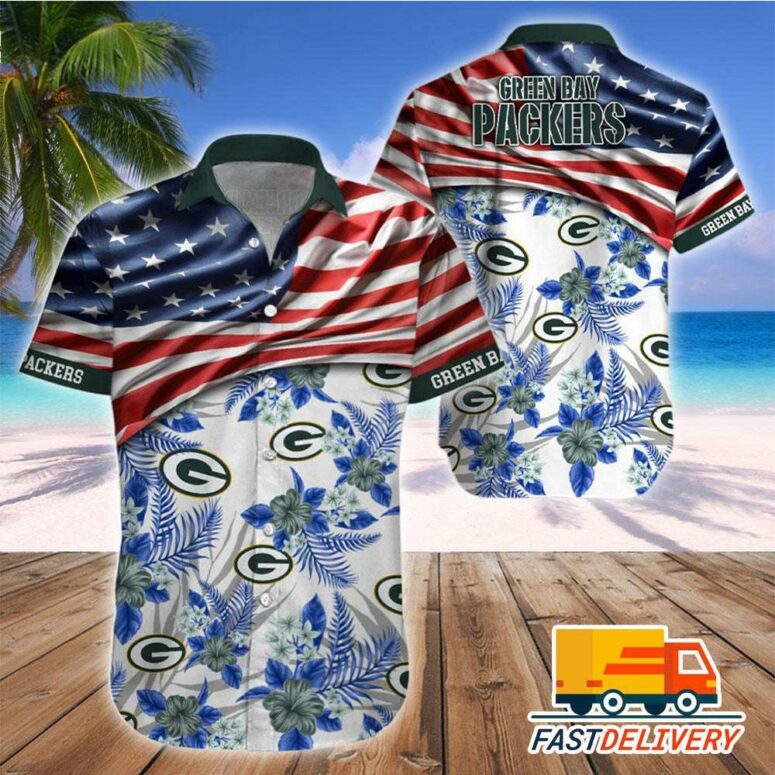 Green Bay Packers American Flag Stripes Floral Hawaiian Shirt