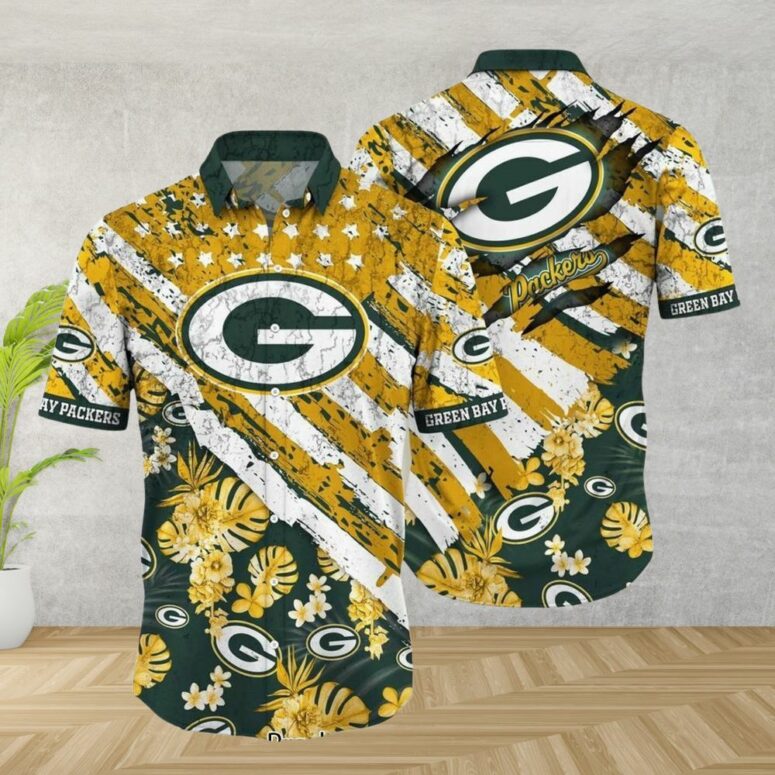 Green Bay Packers Floral Victory Stripe Hawaiian Shirt