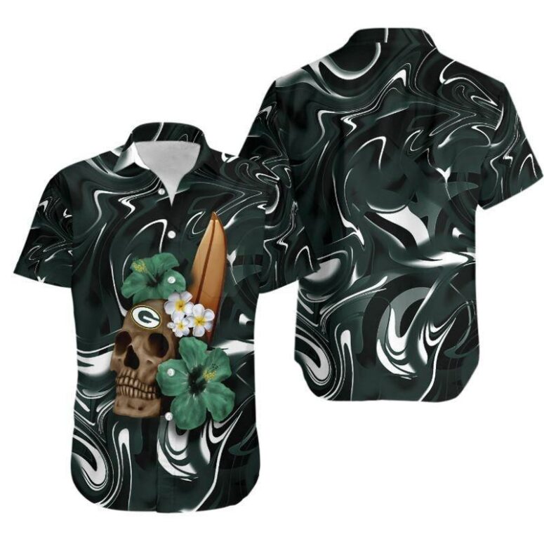 Green Bay Packers Surf Skull Hibiscus Hawaiian Shirt