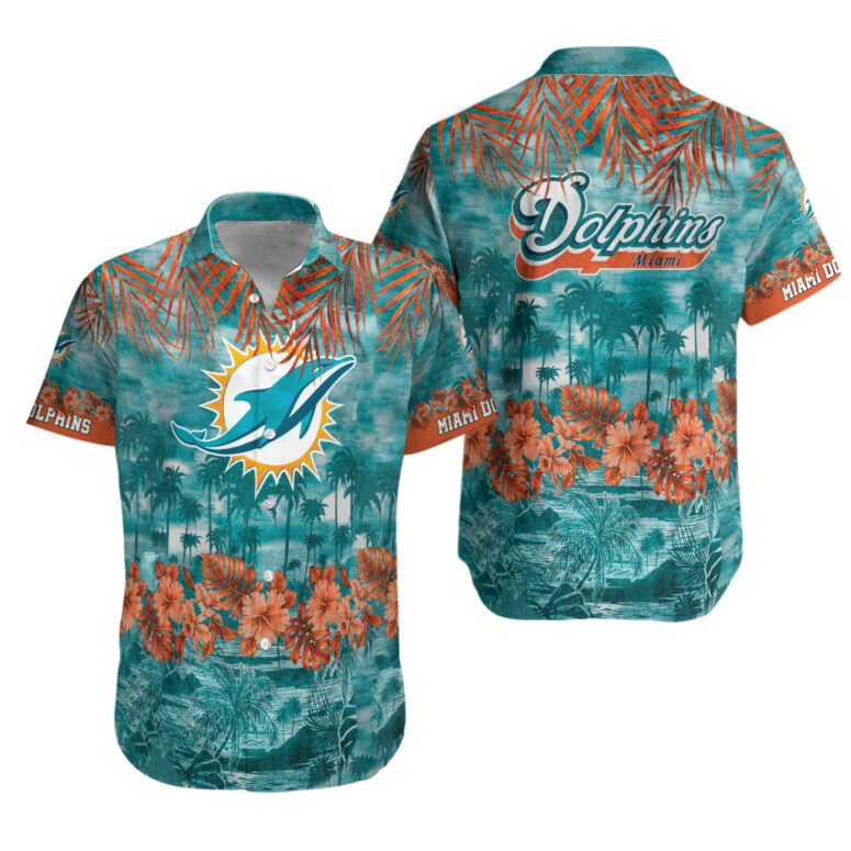 Miami Dolphins Aqua Orange Flowers Hawaiian Shirt