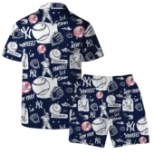 New York Yankees Baseball Sketch Hawaiian Shirt Back With Short - TeeAloha