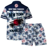 New York Yankees Team Logo Coconut Tree Pattern Hawaiian Shirt Back With Short - TeeAloha