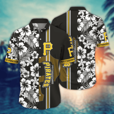 Pittsburgh Pirates Tropical Hibiscus Stripe Hawaiian Shirt