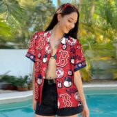 Boston Red Sox Classic Logo Collage Hawaiian Shirt Mockup Women - TeeAloha