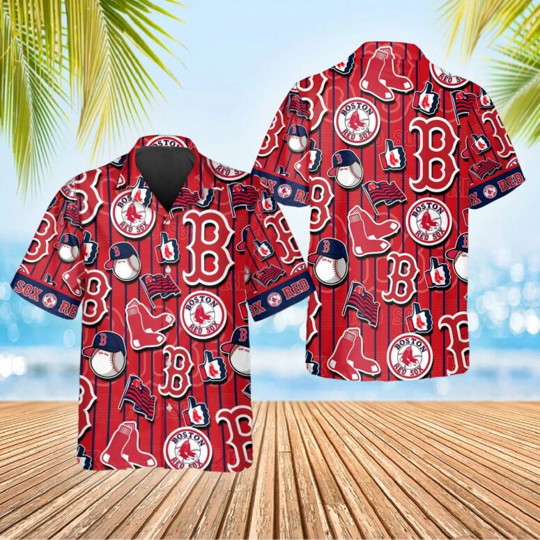 Boston Red Sox Pinstripe Logo Collage Hawaiian Shirt