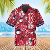 Boston Red Sox Pinstripe Logo Collage Hawaiian Shirt Front - TeeAloha