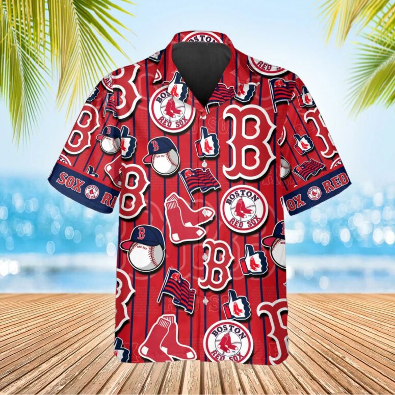 Boston Red Sox Pinstripe Logo Collage Hawaiian Shirt