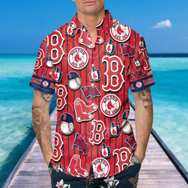 Boston Red Sox Pinstripe Logo Collage Hawaiian Shirt