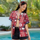 Boston Red Sox Pinstripe Logo Collage Hawaiian Shirt Mockup Front Women - TeeAloha