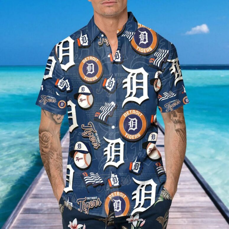 Detroit Tigers Blue Icon Collage Hawaiian Shirt