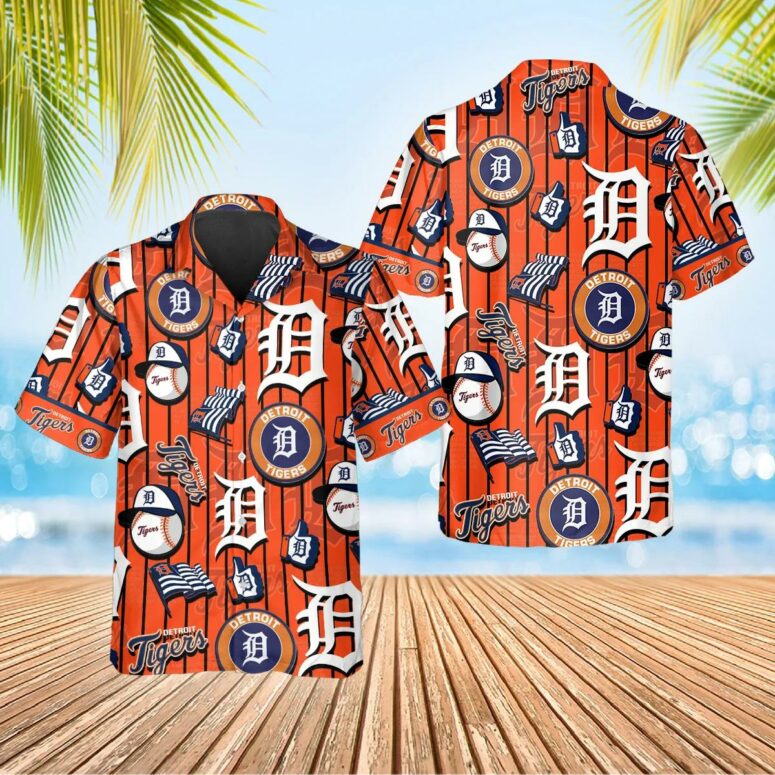 Detroit Tigers Orange Stripe Logo Hawaiian Shirt