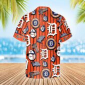 Detroit Tigers Orange Stripe Logo Hawaiian Shirt Back - TeeAloha