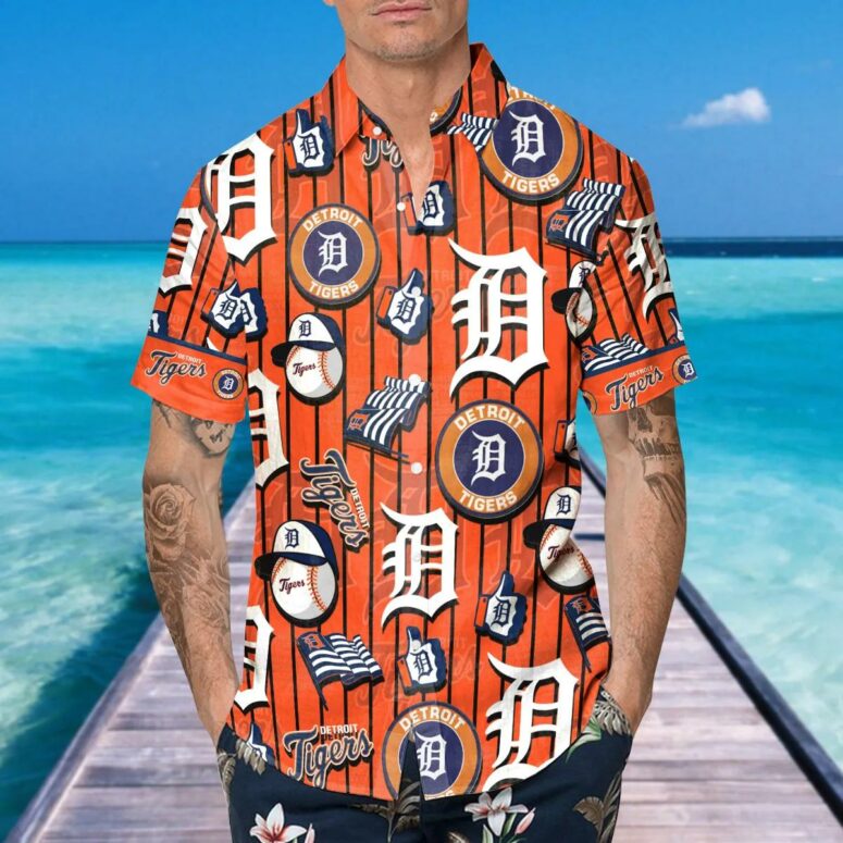 Detroit Tigers Orange Stripe Logo Hawaiian Shirt