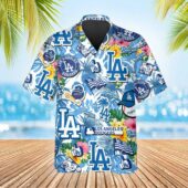 Los Angeles Dodgers Tropical Logo Collage Hawaiian Shirt Front - TeeAloha