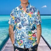 Los Angeles Dodgers Tropical Logo Collage Hawaiian Shirt Mockup Front - TeeAloha