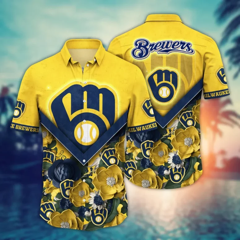 Milwaukee Brewers Floral Emblem Hawaiian Shirt