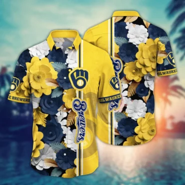 Milwaukee Brewers Floral Stripe Hawaiian Shirt