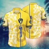 Milwaukee Brewers Hibiscus Stripe Hawaiian Shirt