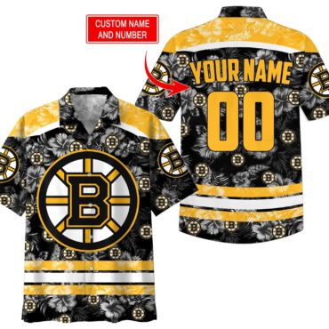 Personalized Boston Bruins Hibiscus Stripe Hawaiian Shirt