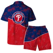 Philadelphia Phillies Team Logo Palm Leaf Pattern Hawaiian Shirt Back With Short - TeeAloha