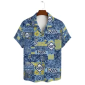 Tampa Bay Rays Blue Patchwork Hawaiian Shirt Front - TeeAloha