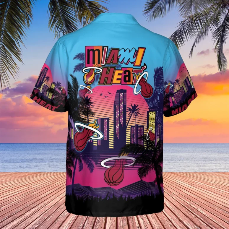 Miami Heat Neon Skyline Hawaiian Shirt