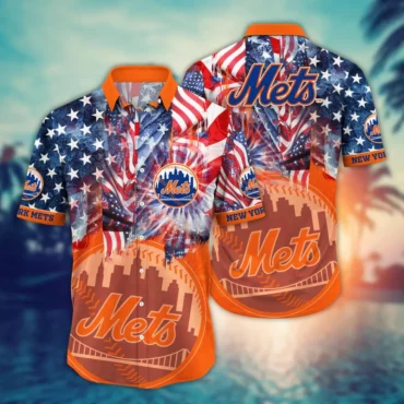 New York Mets American Flag Fireworks Hawaiian Shirt