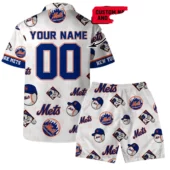 New York Mets Logo Custom Name And Number Hawaiian Shirt Back With Short - TeeAloha