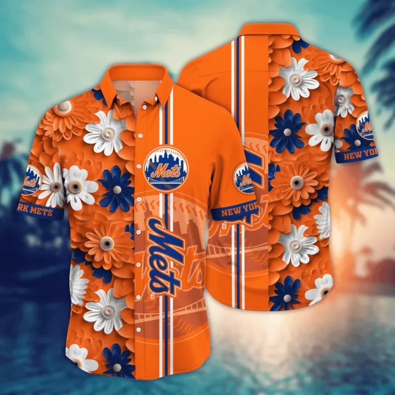 New York Mets Mets Orange & Blue Floral Hawaiian Shirt