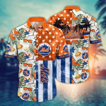 New York Mets Monstera Leaves American Flag Hawaiian Shirt