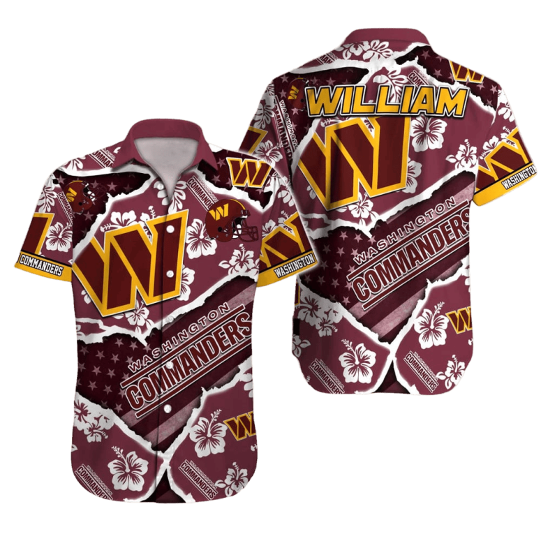 Personalized Washington Commanders Bold Hibiscus Hawaiian Shirt