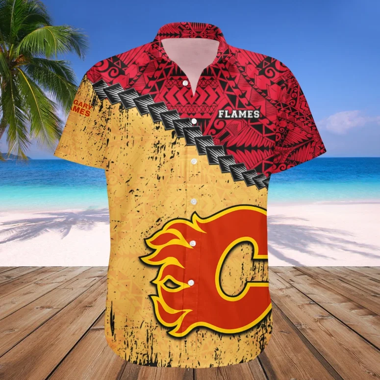 Calgary Flames Tribal Fusion Hawaiian Shirt