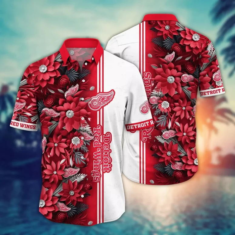 Detroit Red Wings Blooming Flowers Hawaiian Shirt