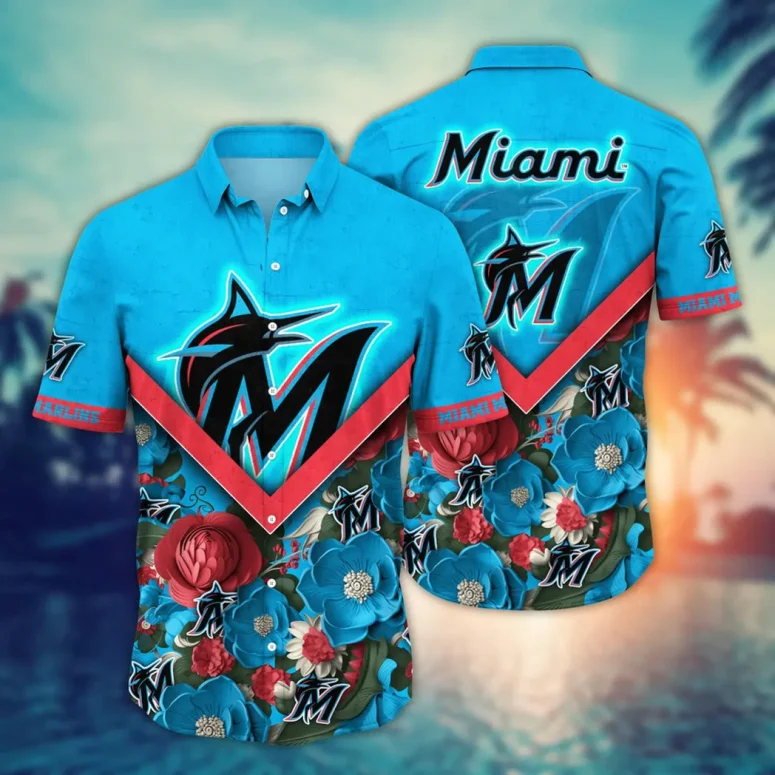 Miami Marlins Chevron Floral Hawaiian Shirt