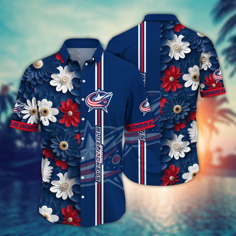 Columbus Blue Jackets Floral Stripes Hawaiian Shirt