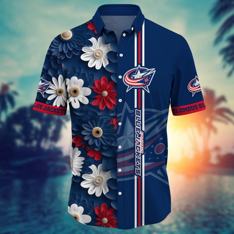 Columbus Blue Jackets Floral Stripes Hawaiian Shirt