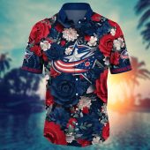 Columbus Blue Jackets Red Blossom Hawaiian Shirt Front - TeeAloha