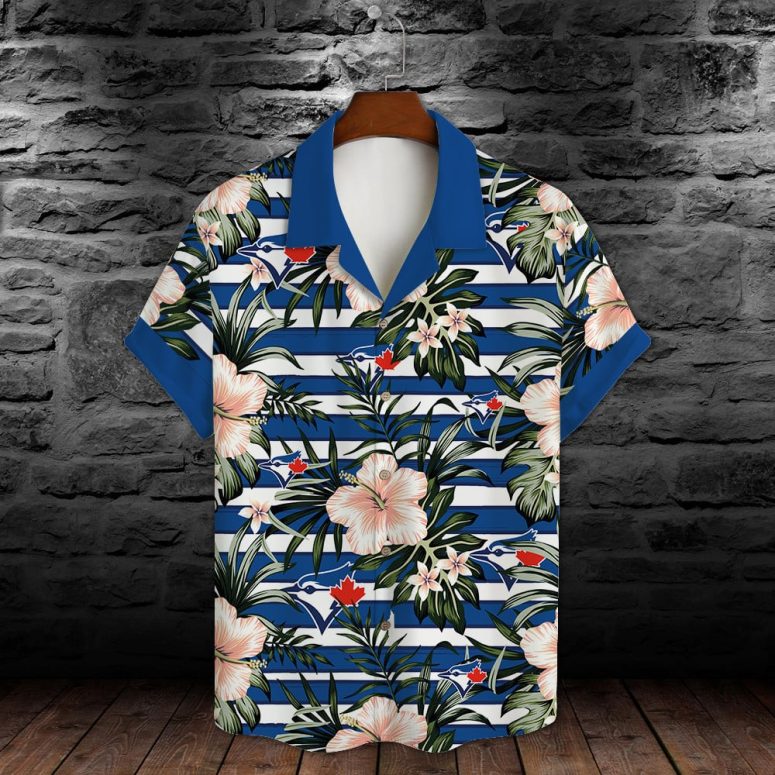 Toronto Blue Jays Hibiscus Stripes Hawaiian Shirt